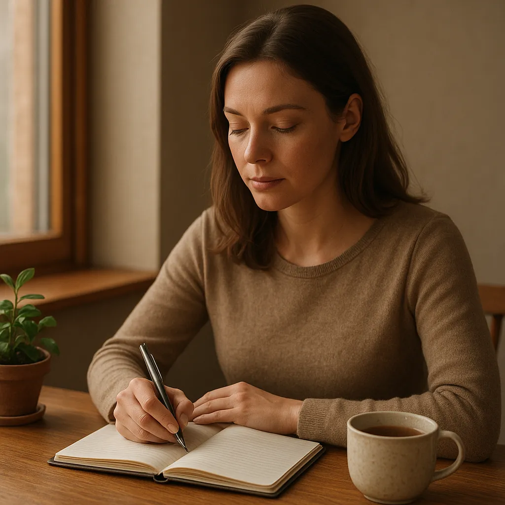 Vrouw schrijft in dagboek als onderdeel van zelfbeeldcoaching